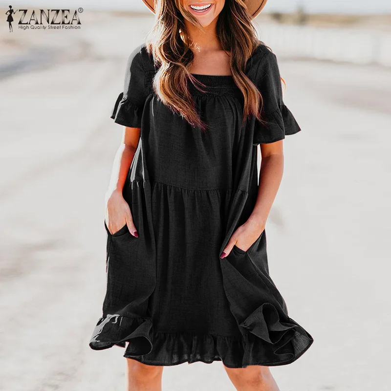 

ZANZEA 2021 Women Vintage Sundress Casual Ruffle Smocking Kaftan Robe Summer Female Short Sleeve Square Neck Dress Faldas Largas