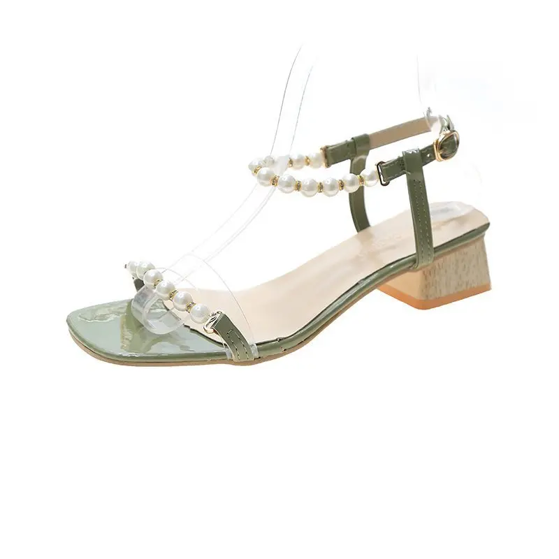 

Open Toe 2021 Summer Comfort Shoes for Women Beige Heeled Sandals Buckle Strap Med Peep Square Velvet New Black Girls Pearl Clea