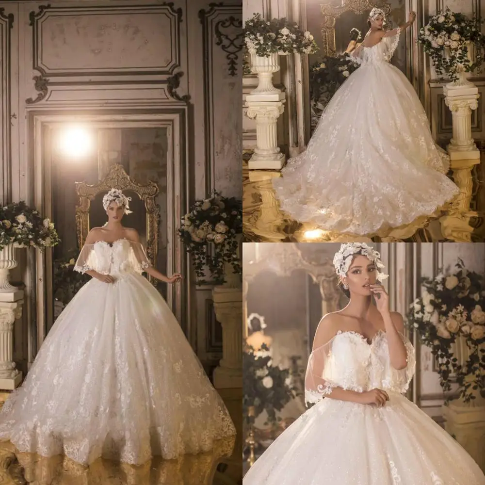 

2020 New Arabic Ball Gown Wedding Dresses Lace Off Shoulder Appliques Bridal Gowns Puffy Sweep Train Bride vestidos de novia