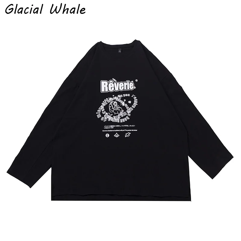 

GlacialWhale Long-sleeved Mens 2021 Autumn Hip Hop Print Black T-shirt Male Streetwear Harajuku Round neck Casual Mens Clothing