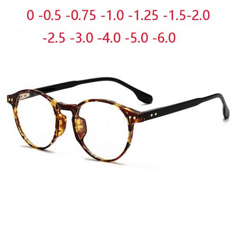 0 -0.5 -0.75 -1.0 To -6.0 Blue Light Blocking Rivets TR90 Short-sight Eyewear Women Men Round Prescription Glasses Leopard Frame