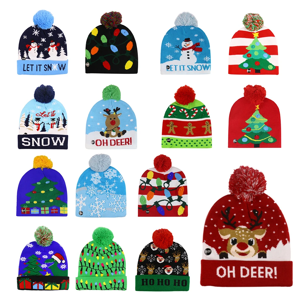 

Christmas Hats Sweater Santa Elk Knitted Beanie Hat With LED Light Up Cartoon Patteren Christmas Gift For Kids New Year Supplies