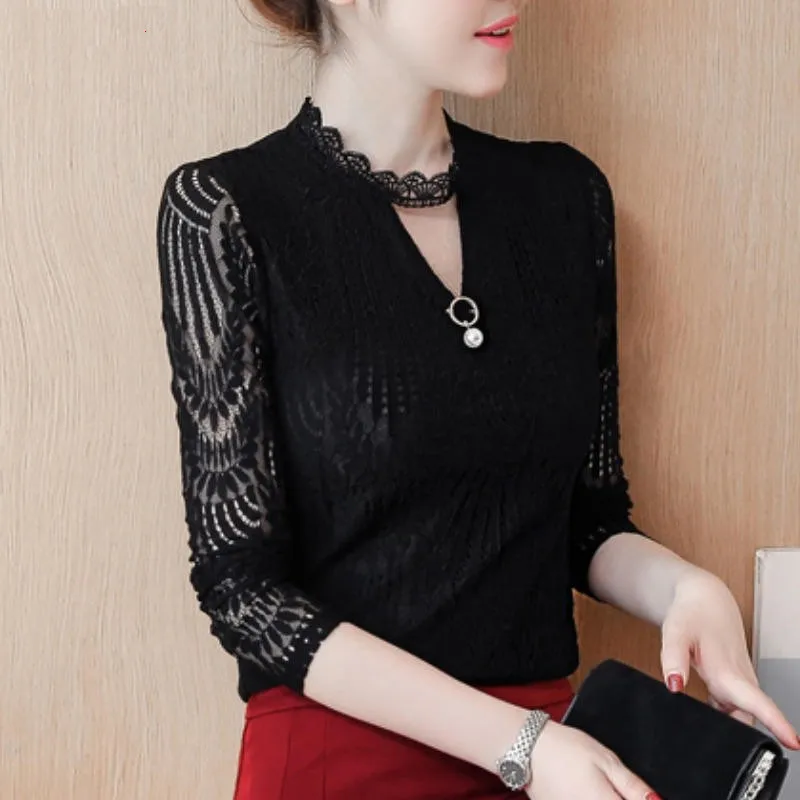 

New Fashion Blouse Women Clothes Casual Long Sleeve Shirts Lace Ladies Tops Elegant Hollow Out Mesh Black Shirt Blusas 3XL Q3520