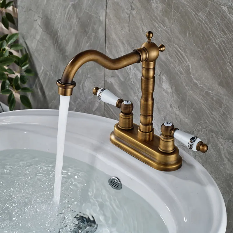 Античный латунный настил ванная с двойной ручкой кран туалетный сосуд раковины
