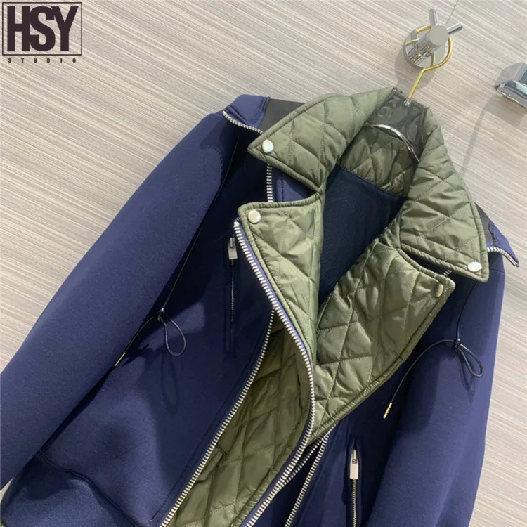 【HSY】 Новая Осенняя модная Женская Стеганая мотоциклетная куртка космическая хлопковая Лоскутная имитация двух частей ромбическое пальто с капюшоном 2 цвета