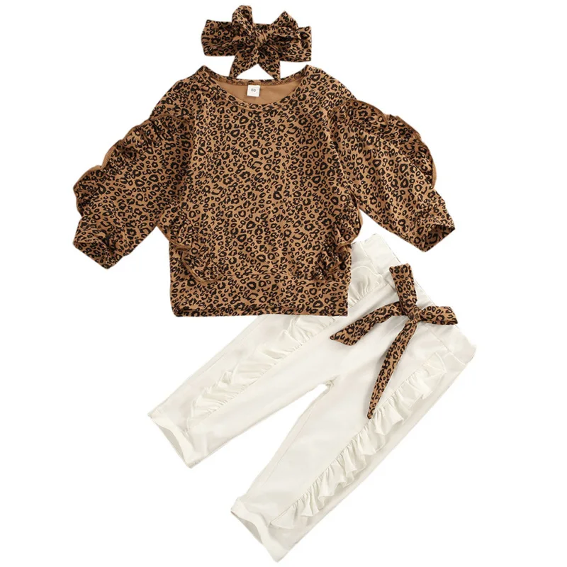 

Autumn Kid Baby Girl Clothes Sets Fashion 3pcs Ruffle Long Sleeve Leopard Tops Leggings Pants Headband Outfit Set Tracksuit