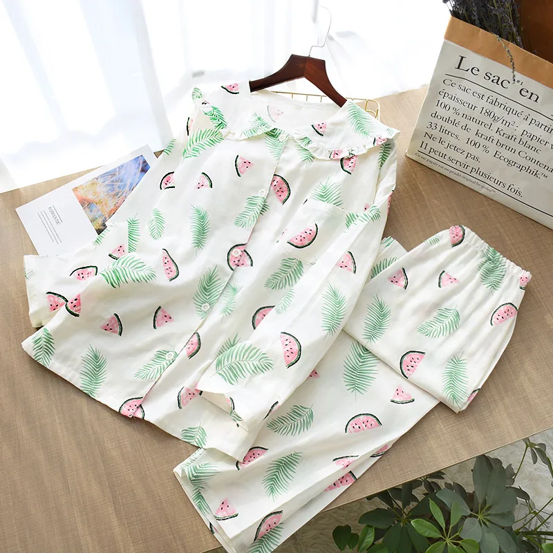 Korean Spring and Summer Ladies Pajamas Pure Cotton Gauze Women Long Sleeve Pajamas Set Thin Sweet and Comfort Home Clothing