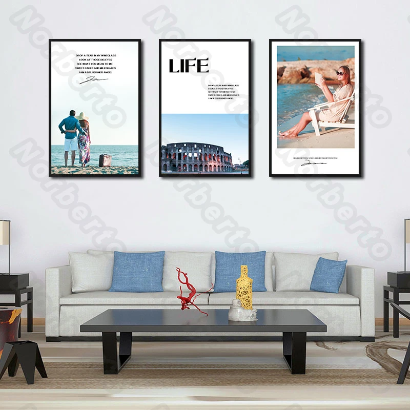 

Pleasant Romantic Scene Canvas Painting Wall Poster a Couple Standing On The Beach Old Building a Lady Along The Sea for Home De