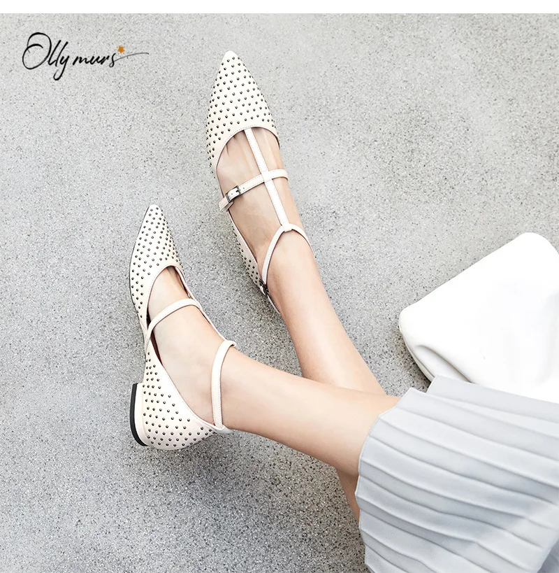 

OllyMurs Fashion Spring Summer Women Flat Shoes Pink Pointed Toe Metal Studded Buckle Women Casual Comfortable Flat Shoes Woman