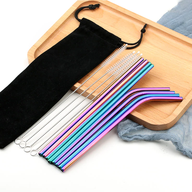 Reusable Stainless Steel Straws Metal Straight Bent Drinking with Cleaner Brush Straw Party Bar Accessories | Дом и сад