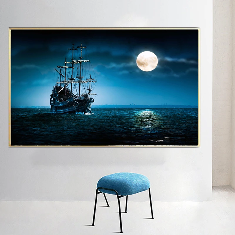 Картина в скандинавском стиле с изображением Луны ночного корабля океана