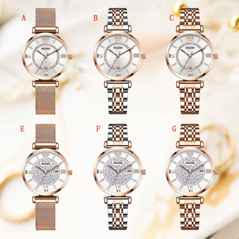 

OLEVS Watch Women Dress Luxury Crystal Star Rose Gold Quartz Stainless Steel Waterproof Fashion Wristwatch Girl with Bracelet