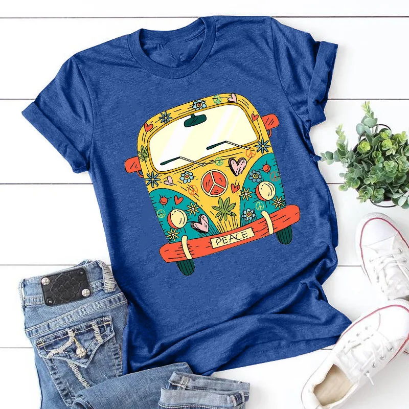 

2020 New Cartoon Bus Printing Ladies T-shirt Short Sleeve O-neck Funny T-shirt Street Clothing Top Women Clothes Cute