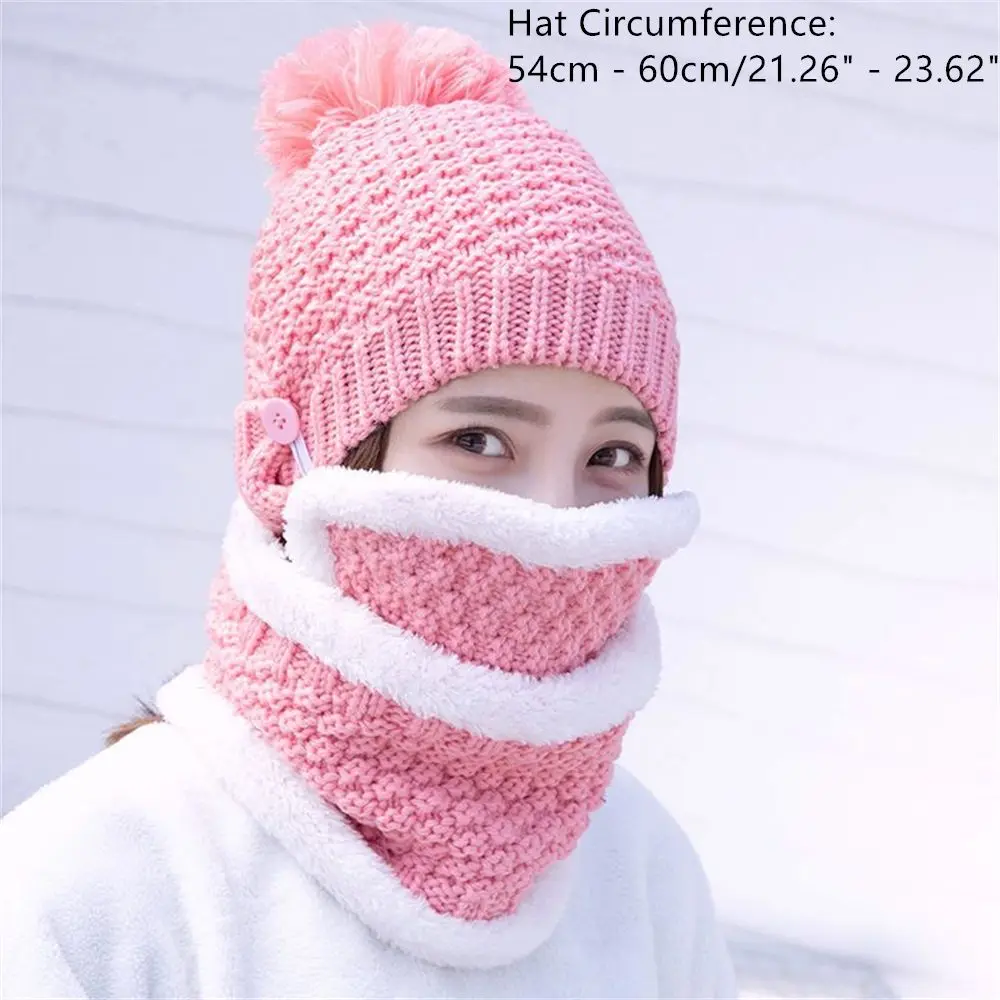 

3Pcs Cold Protection Masks And Scarves Pom Bobble Warm Winter Snow Ski Cap Women Beanie Hat Scarf Mask Set