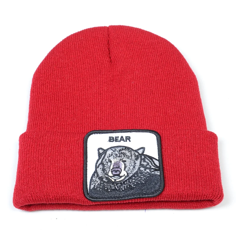 Вязаная Шапка-бини с вышивкой медведя Мужская однотонная осенне-зимняя вязаная