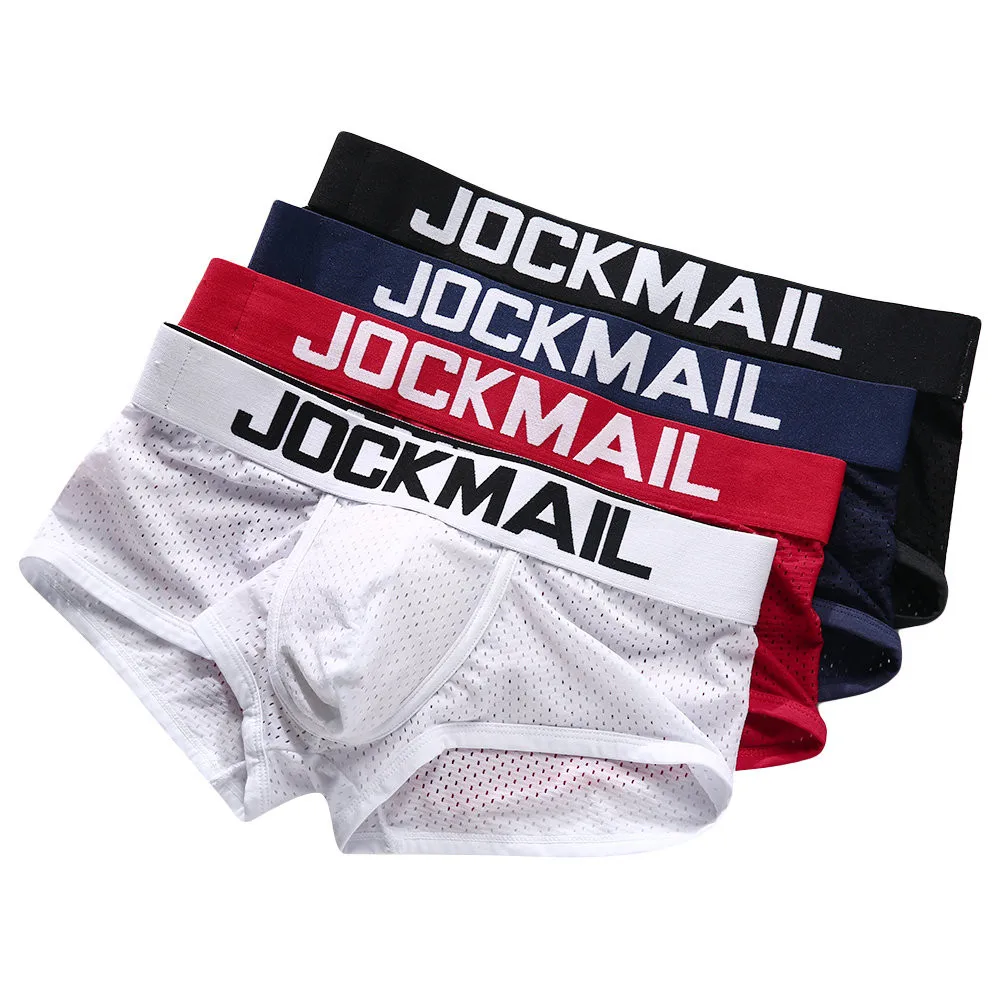 Бренд JOCKMAIL, мужские боксеры, хлопковое сексуальное мужское нижнее белье, боксеры с u-образной выпуклой сумкой, трусы с принтом листьев, Сетчатое дышащее нижнее белье для геев