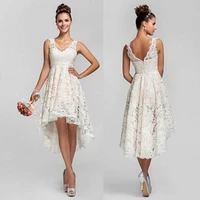 vestidos de noiva short lace wedding dresses with v neck backless high low charming beach garden ivory bridal gowns