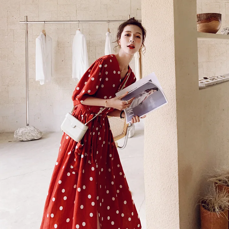 

Dress Female 2021spring Summer New Red Polka Dot Korean Loose Puff Sleeve Big Pocket Single-breasted Fashion Long Women Dress2Q