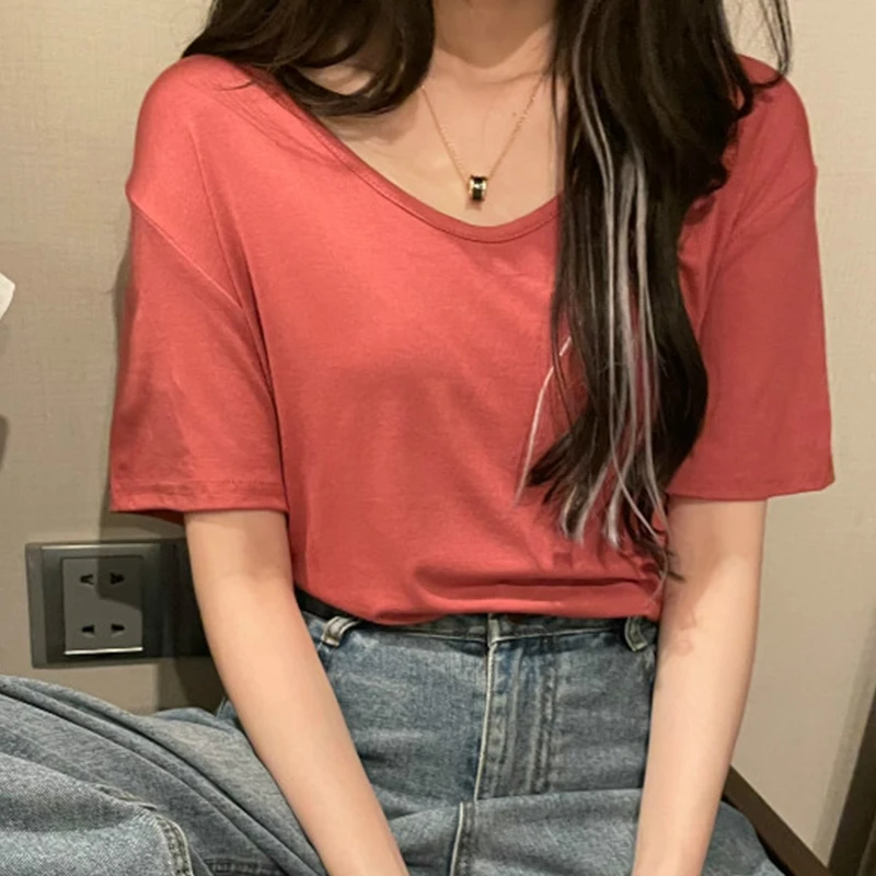 

V-neck Solid Loose T-shirts Woman's Casual Short Sleeve Women's T-shirt Korea Simplicity Elasticity Tops Woman 2021