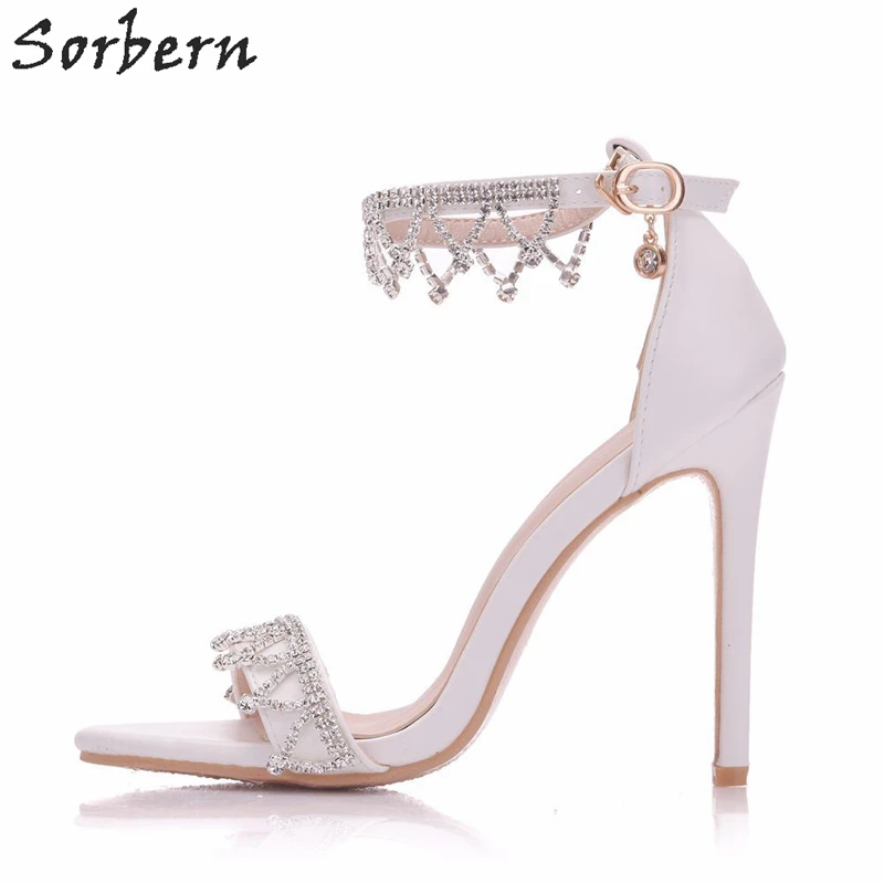 

Sorbern White Sandal High Heel 11Cm Stilettos Summer Shoe For Ladies Wedding Shoes Stilettos Crystal Ankle Strap High Heels 2020