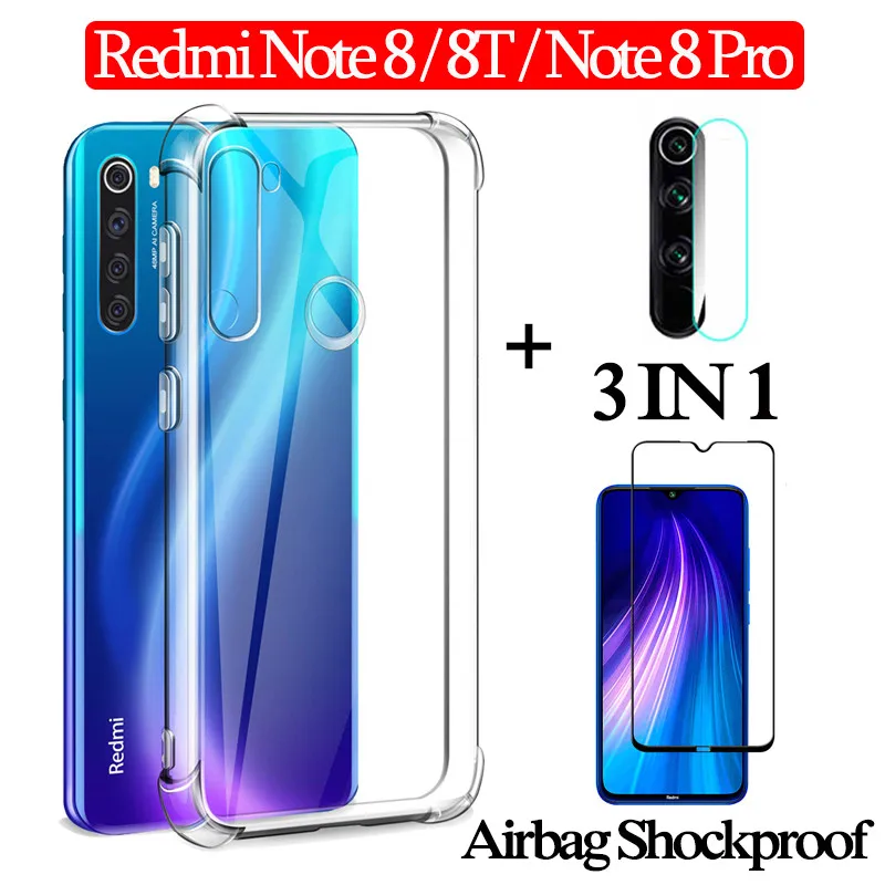 3-в-1 подушка безопасности для Капа чехол + Стекло Xiaomi redmi Note 8 Pro T 360 Полное покрытие