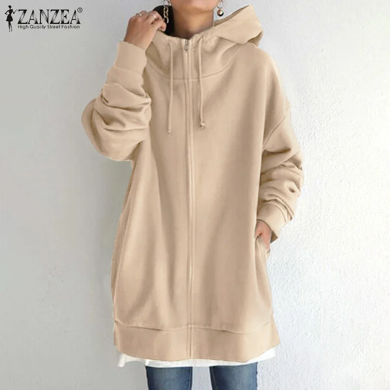 

Осенняя Толстовка ZANZEA 2022, модные женские толстовки, пальто, верхняя одежда, повседневные куртки с капюшоном и длинным рукавом, однотонные па...