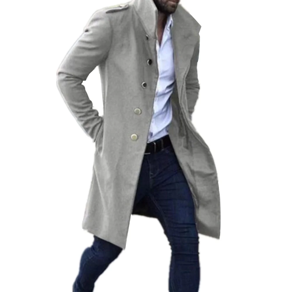 

Autumn Winter Long Wool Blends Coat Men Jacket Solid Button Pocket England Style Fashion Casual Coat Mens Clothing