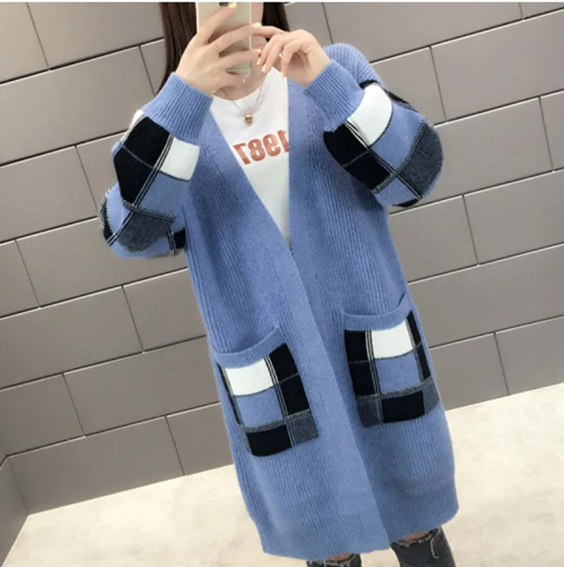 Большой размер Длинная зимняя куртка женский длинный кардиган свитер вязаный