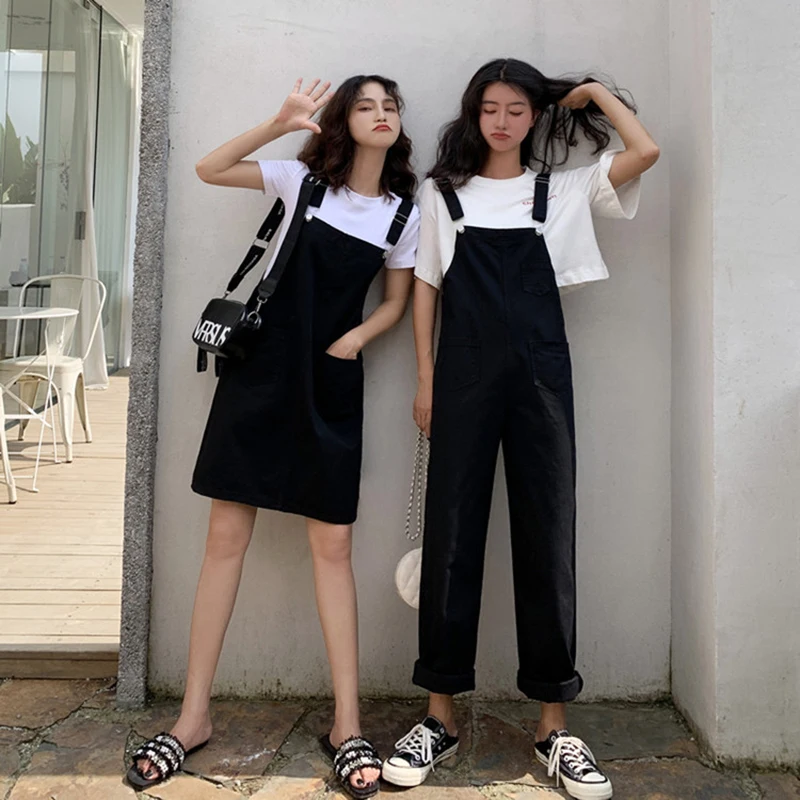 

Korean Version Of Woman's Denim Overalls + Thin Sloppy Skirt Girlfriend Skirt Pure Black And Yellow Wild Preppy Style Jumpsuits
