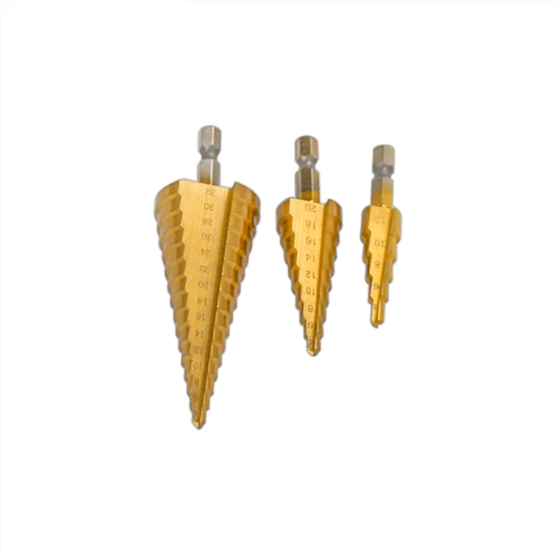 

3pcs HSS Titanium Coated Step 1/4" Hex Shank Drill Bits 4-12/4-20/4-32mm Core Drill Bits With 4mm Automatic Center Pin Punch