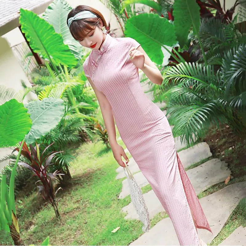 

Summer Pink Sweet Lace Trim Long Cheongsam Women Exquisite Slim Striped Print Qipao Elegant Mandarin Collar Chinese Dress