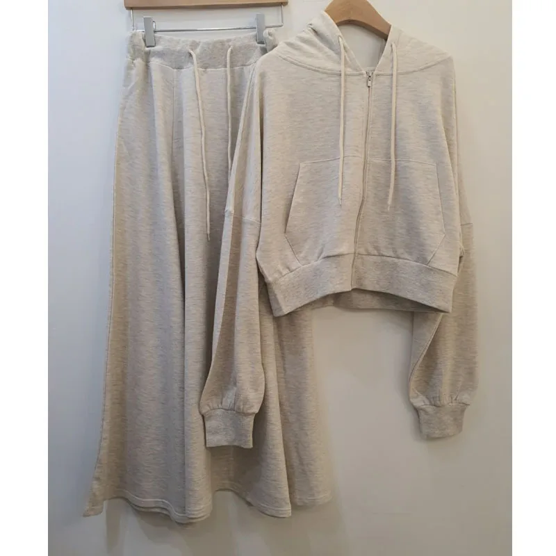 

Chic 2020 New Autumn Winter Women Sets Two Pieces Zip Up Hoodies And Long Skirts Pockets Oversize Korean Lady Suits