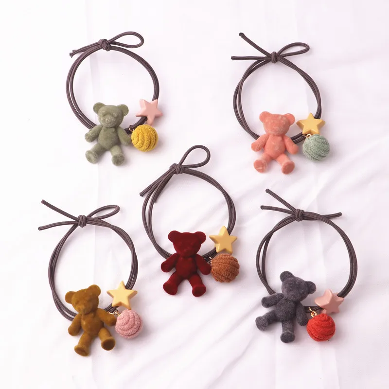 

2Pcs Star Cotton Ball Cute Bear Hair Tie High Elastic Hair Rope Cartoon Kids Hair Accessories Girls Headwear