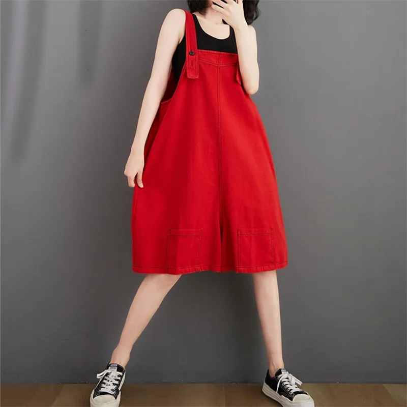 

Femme Women Jumpsuits Rompers High Waist Strap Pants Summer 2021 Wide Legs Shorts Playsuits Loose Casual Sling Jeans H1522