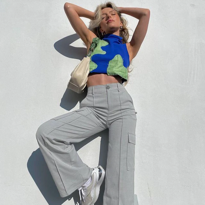 

Новые серые мешковатые широкие спортивные брюки большого размера 2021 женские брюки с большими карманами и высокой талией брюки в стиле пэчворк осенние брюки для бега