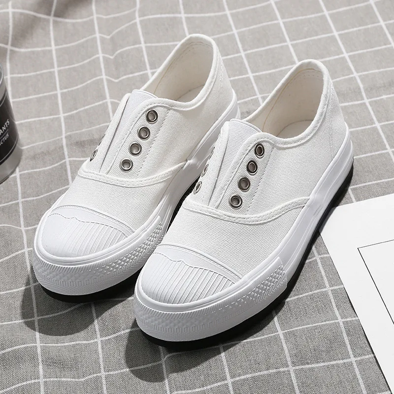 Женские парусиновые кроссовки с толстой подошвой осенние модные белого/черного