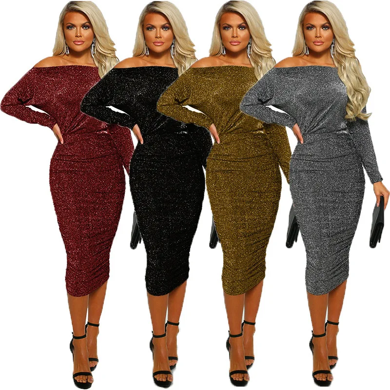 

Women Sexy Solid Off Shoulder Bodycon Midi Dress Long Sleeve Slash Neck Glitter Bodycon Party Club Boat Neck Slim Hip Dresses