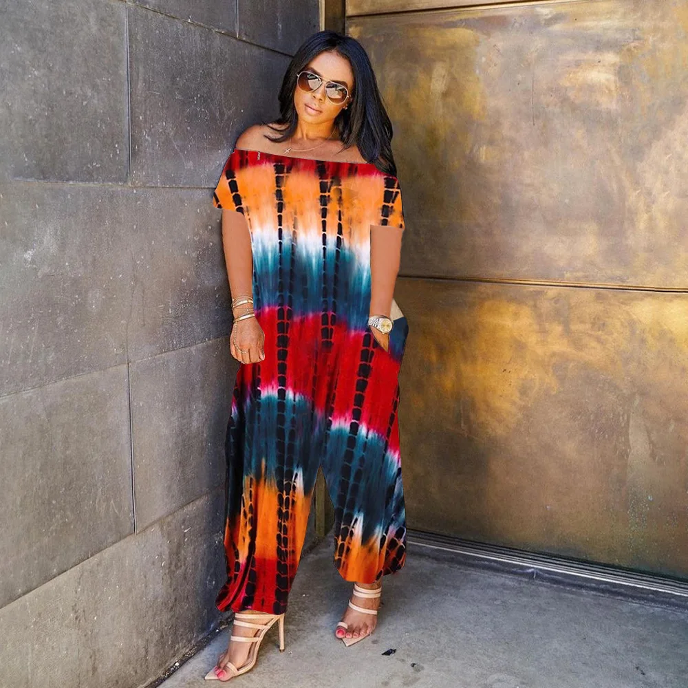

Colorful Tie Dye Print Short Sleeve Off Shoulder Slash Loose Wide Leg Jumpsuit Party Club Outfits Playsuit Overalls Rompers