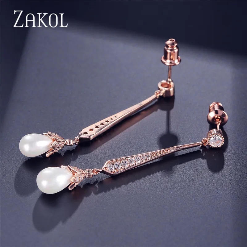 ZAKOL модные серьги-подвески из розового золота с кубическим цирконием, изысканные белые серьги с искусственным жемчугом, свадебные украшения FSEP527