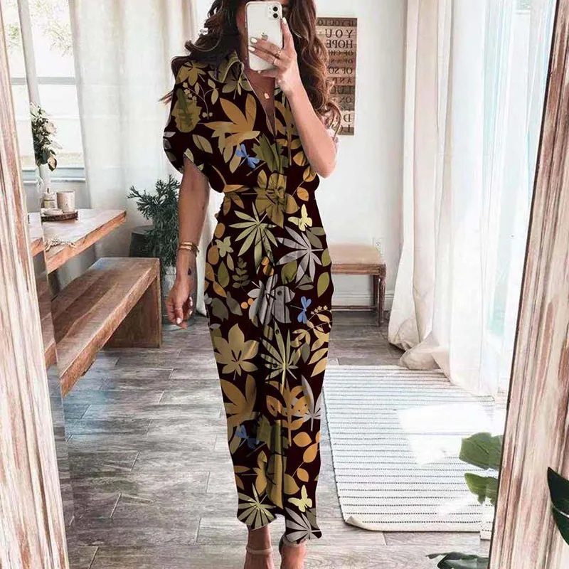 Платье-рубашка женское летнее с отложным воротником коротким рукавом и разрезом