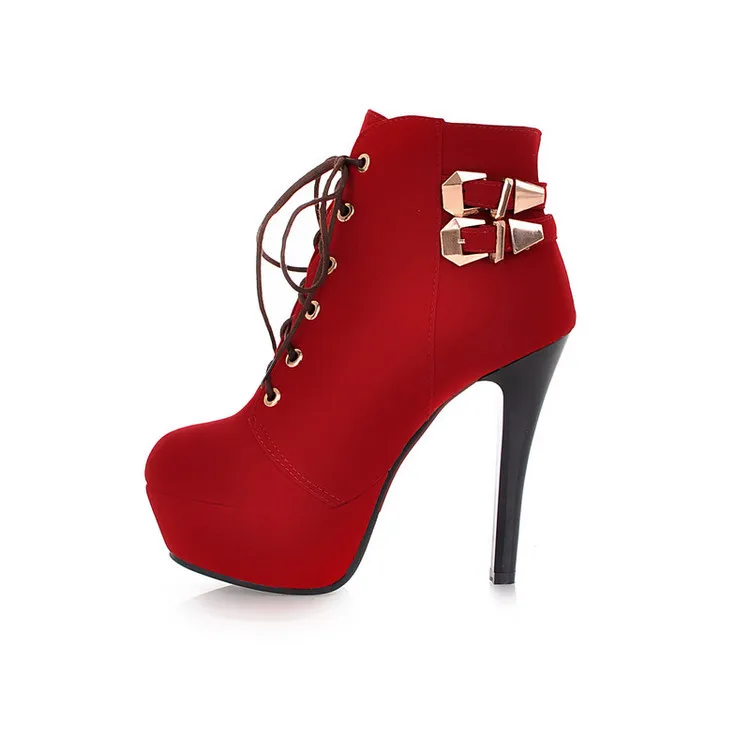 Женские зимние ботильоны из искусственной замши на шнуровке высоком каблуке