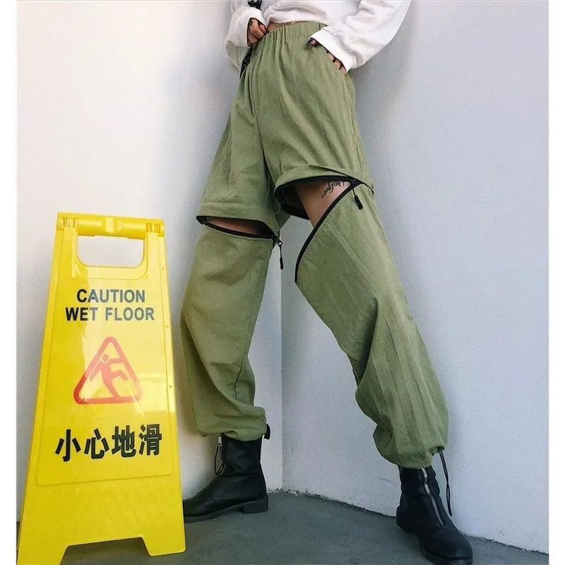 

NiceMix New Korean streetwear Women's Clothing Harajuku Ulzzang Letter Print Personality Zipper Detachable Loose High waist Carg