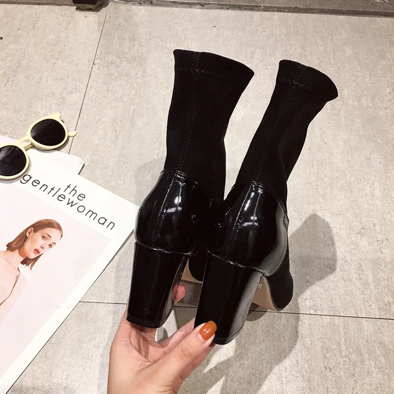 Goede 2019 Herfst Winter Nieuwe Breien Stretch Laarzen Sok Laarzen Hot Verkoop Enkel Korte Laarzen Puntige Teen Lage Dikke Hakken Slip Op Botas