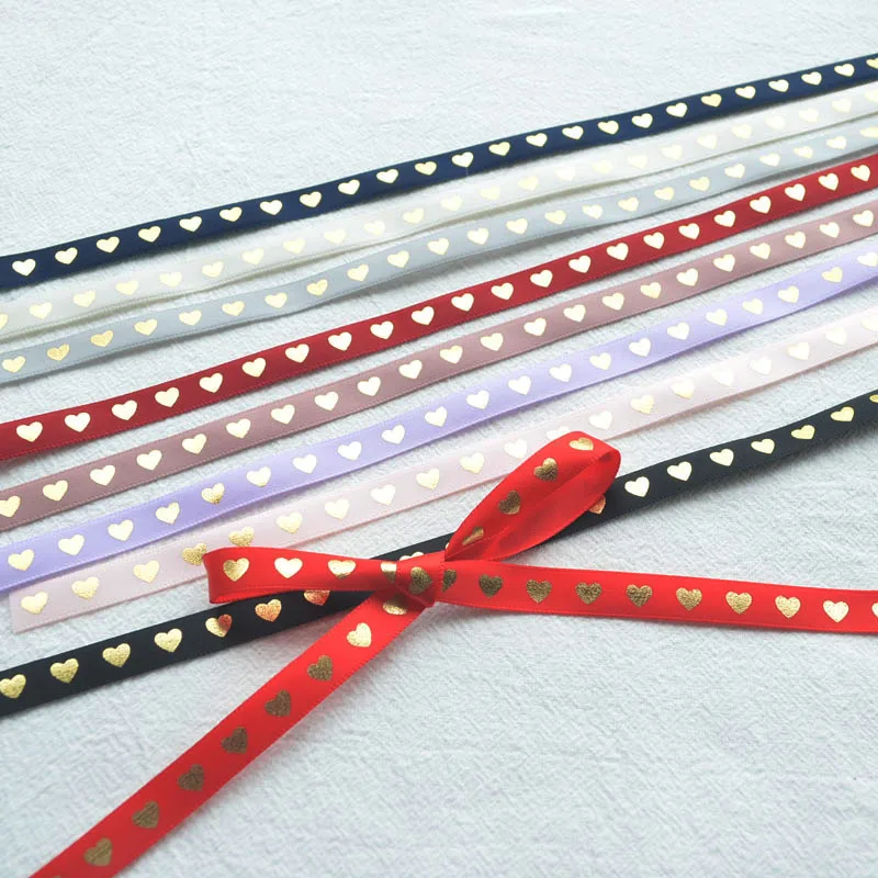 

50M 9mm Width Hot Gold Heart Ribbon For Wrapping Belt Wedding Festive Ribbons Handmade Hair Accessories Headdress DIY Hair Bow