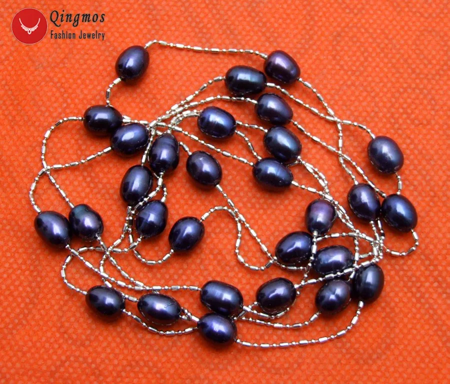 Qingmos Natural Black Pearl Necklace for Women with 6-7mm Rice Freshwater Float 46&quot Long Chain Fine Jewelry n6475 |
