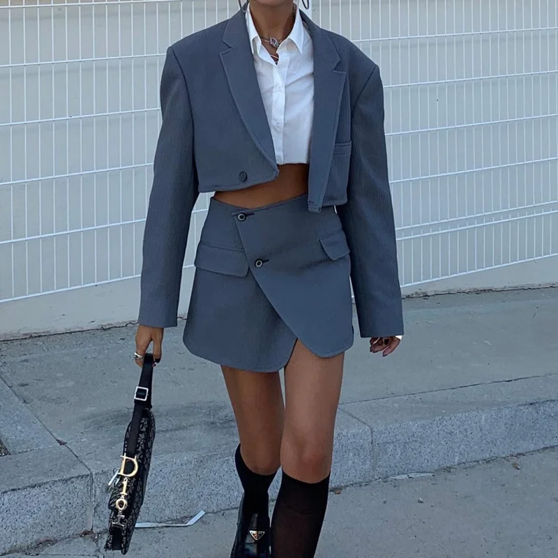 

Retro Women's Sexy Short Women's Corduroy Suit Jacket High Waist Irregular Cross Stitch Mini Skirt Long Sleeve Suit 2-piece Set