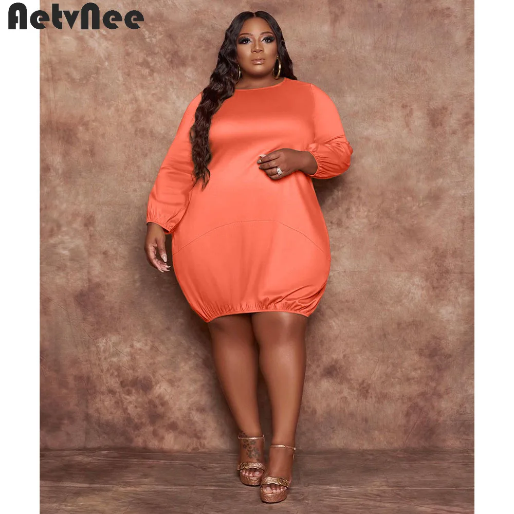 

AetvNee Plus Size Dresses Women Clothing 2021 Fall Solid Full Sleeve O-Neck Straight Lantern Mini Dress Casual Fashion Vestidos