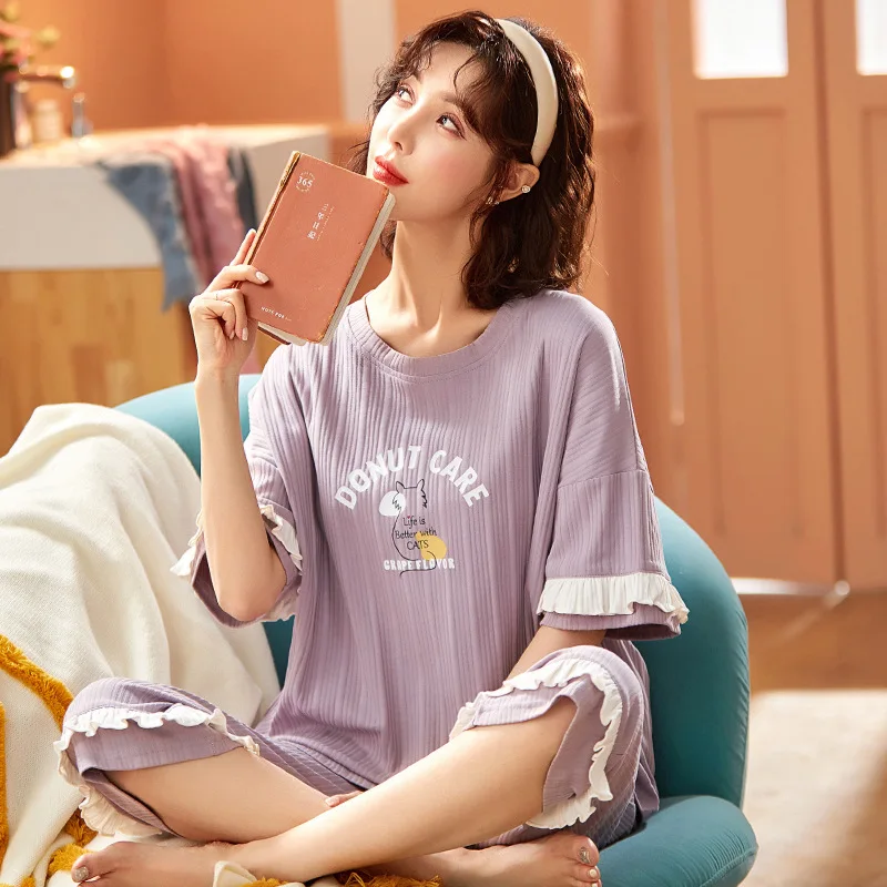 

Women's Cotton Homedress Pajamas Sets Short Sleeve Calf-Length Pants Girl's Nightgown Round Neck Sleepwear Casual Home Clothing