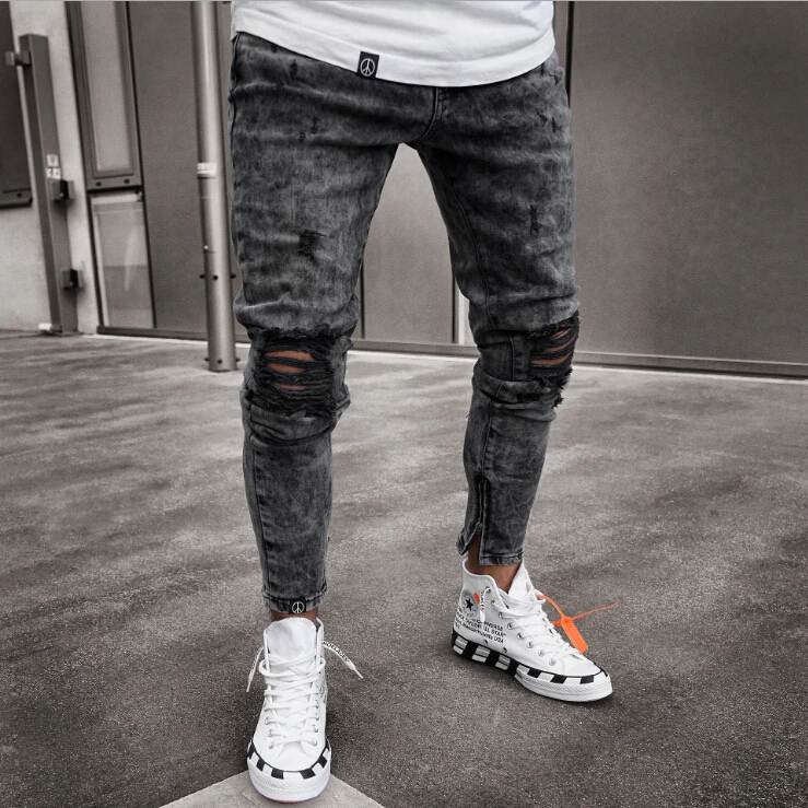 

Biker Jeans Men's Distressed Stretch Ripped Biker Jeans Men Hip Hop Slim Fit Holes Punk Denim Jeans Cotton Pants Zipper jeans