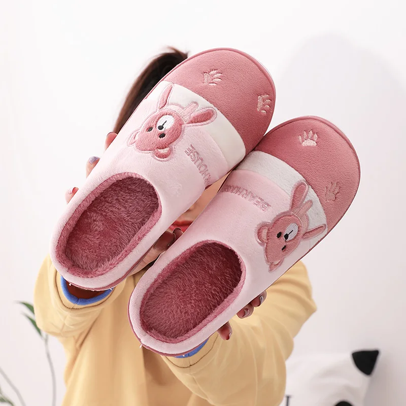 Женские тапочки с рисунком медведя зимние теплые меховые женская домашняя обувь